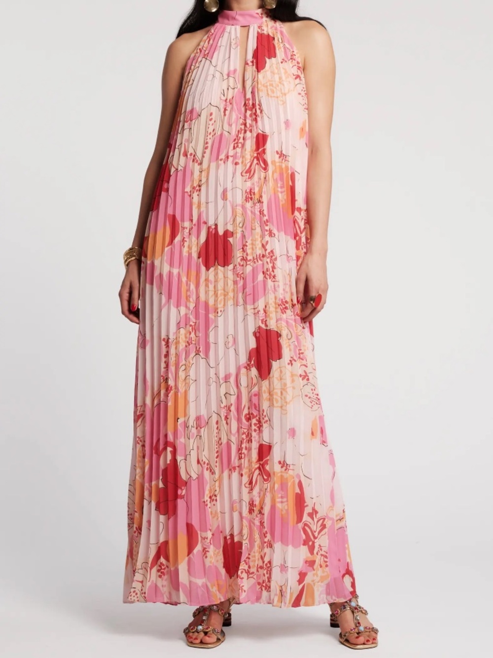 Frances Valentine Slim Pleated Dress Pink Floral Size L